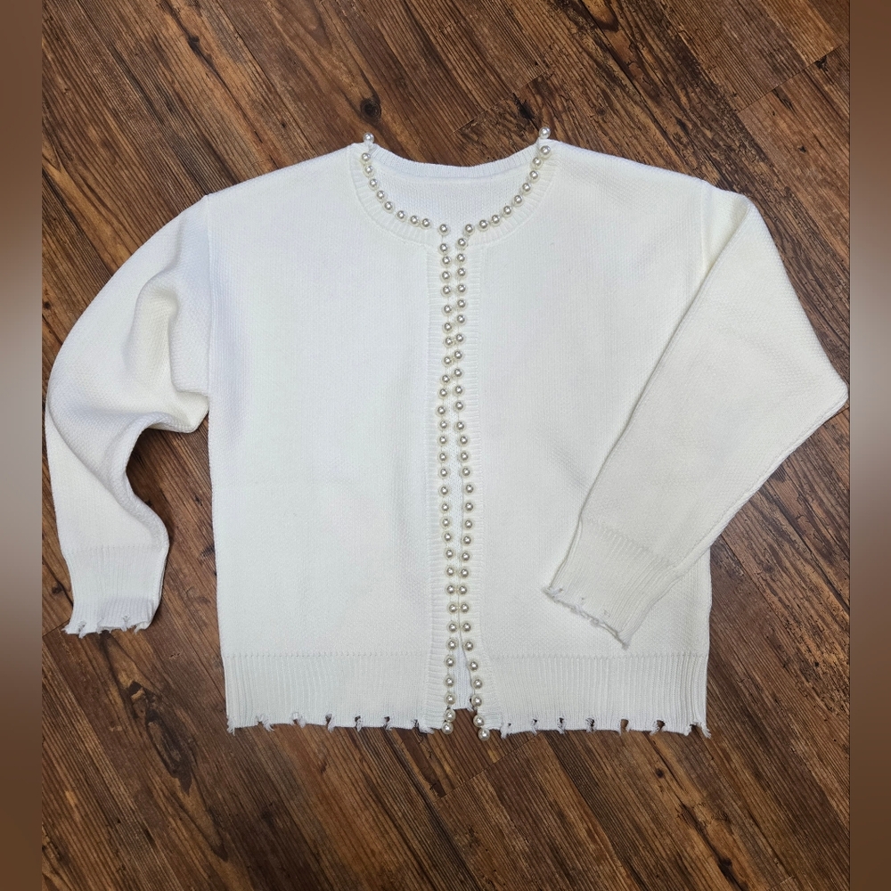 Pearl Trim Cardigan S ivory Nwot  distressed hem soft warm all season prep cute
